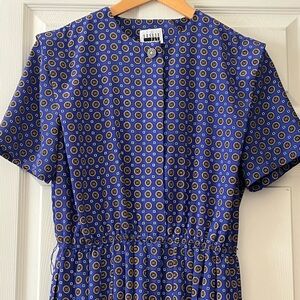 Vintage Leslie Fay Blue Midi Dress with Polka Dots, size 10 petite